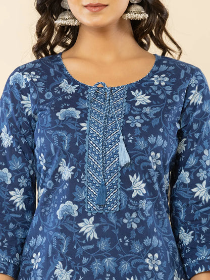 Blue Cotton Sequins Work Straight Kurta Dupatta Set