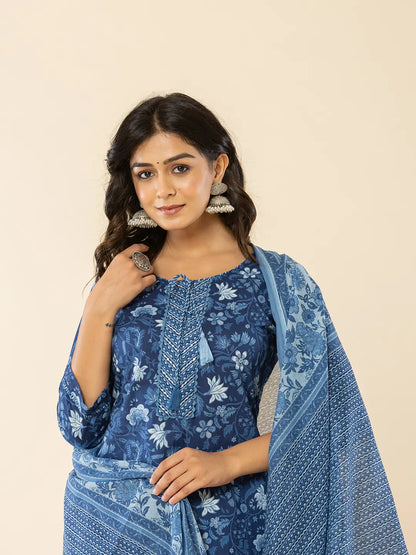 Blue Cotton Sequins Work Straight Kurta Dupatta Set