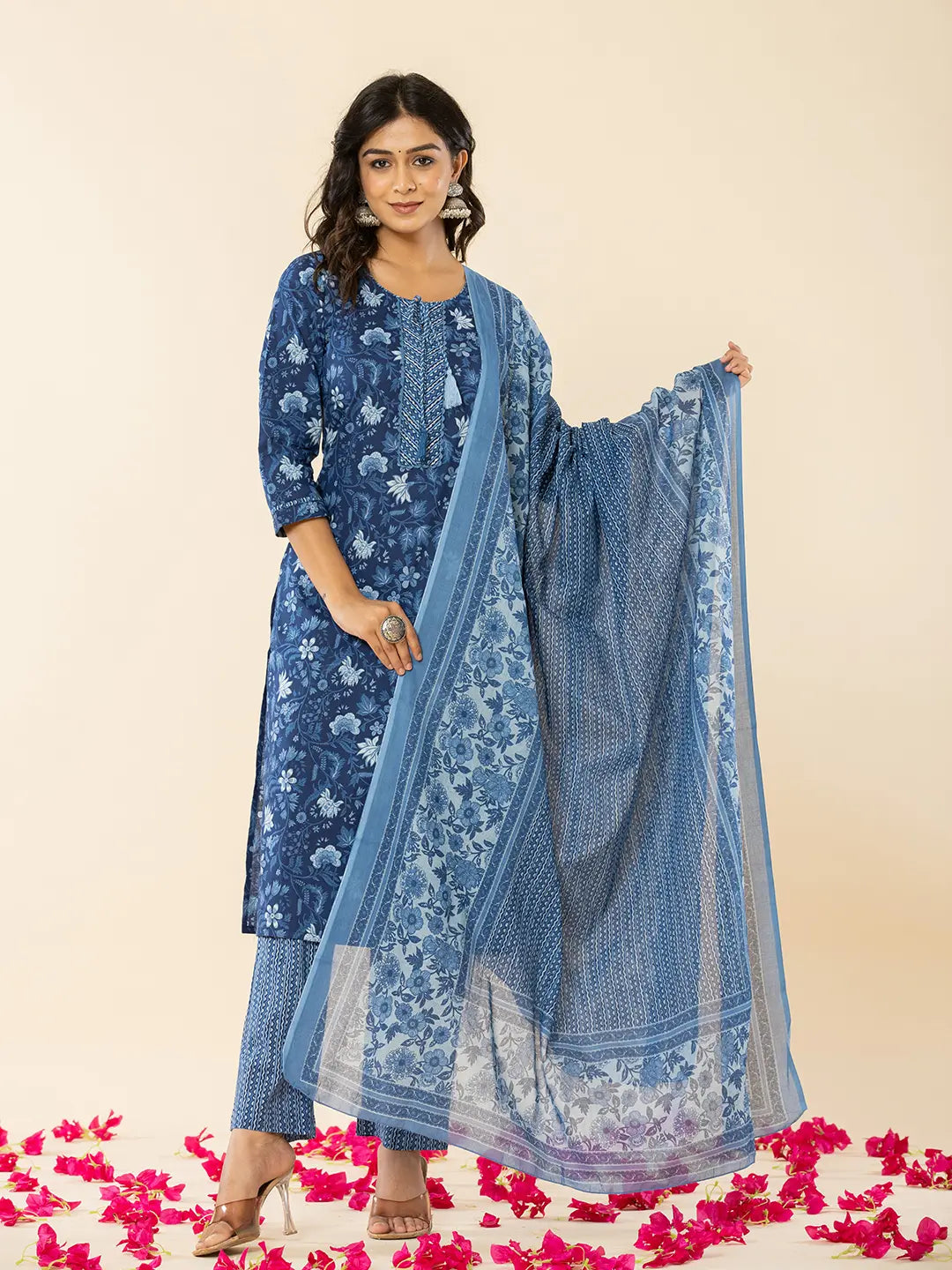 Women's Blue Cotton Blue Cotton Sequins Work Straight Kurta Dupatta Set by Yufta, suitable for wholesale buyers, boutiques, retailers, resellers and bulk fashion orders from Trendphoria