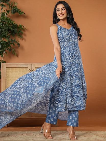 Blue Cotton Strappy Kurta Dupatta Set