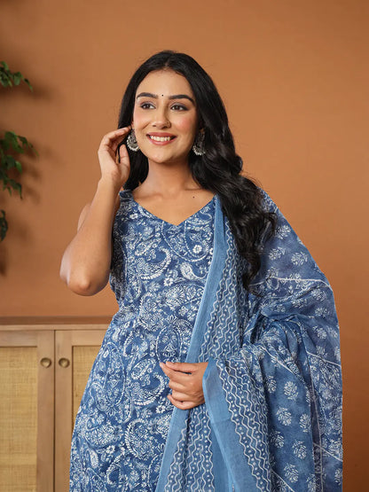 Blue Cotton Strappy Kurta Dupatta Set