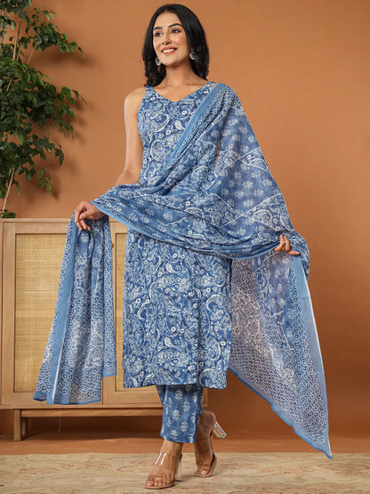Blue Cotton Strappy Kurta Dupatta Set