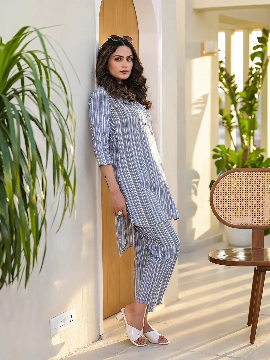 Blue Cotton Striped Print Co Ord Set