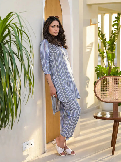 Blue Cotton Striped Print Co Ord Set