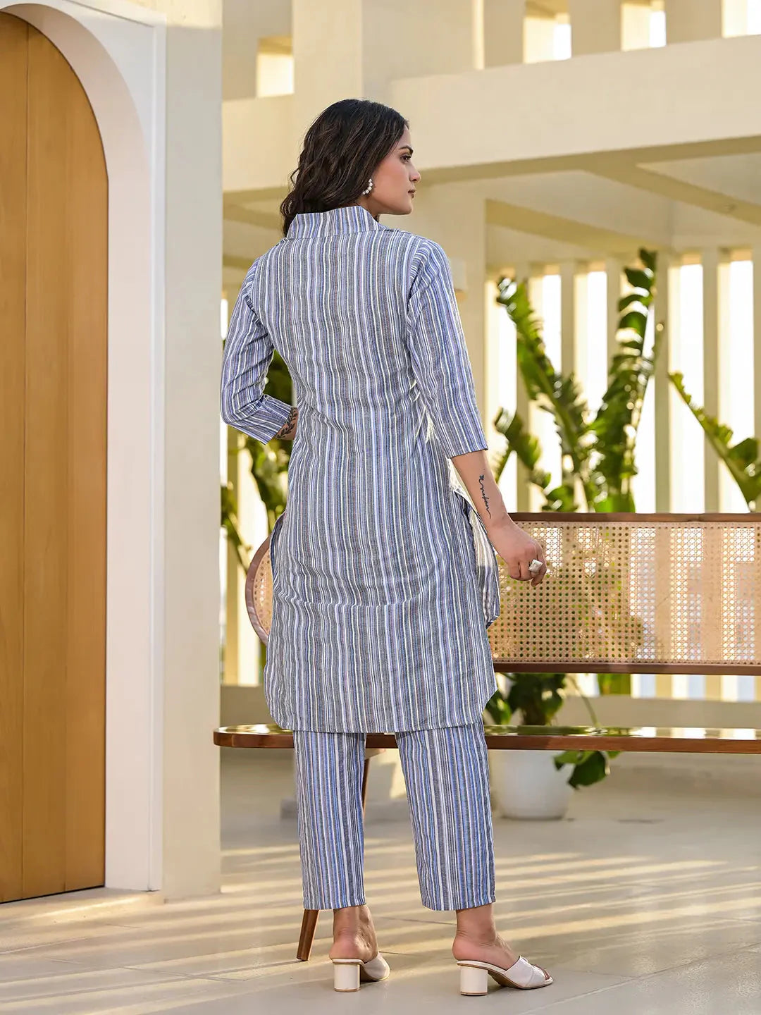 Blue Cotton Striped Print Co Ord Set