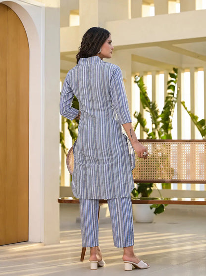 Blue Cotton Striped Print Co Ord Set