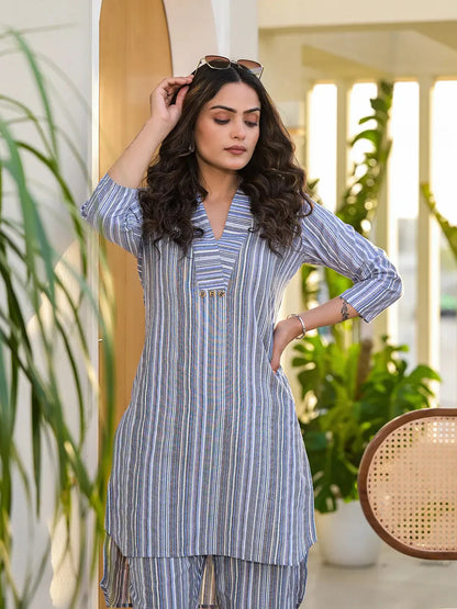 Blue Cotton Striped Print Co Ord Set