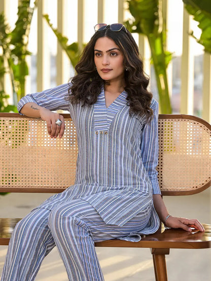 Blue Cotton Striped Print Co Ord Set