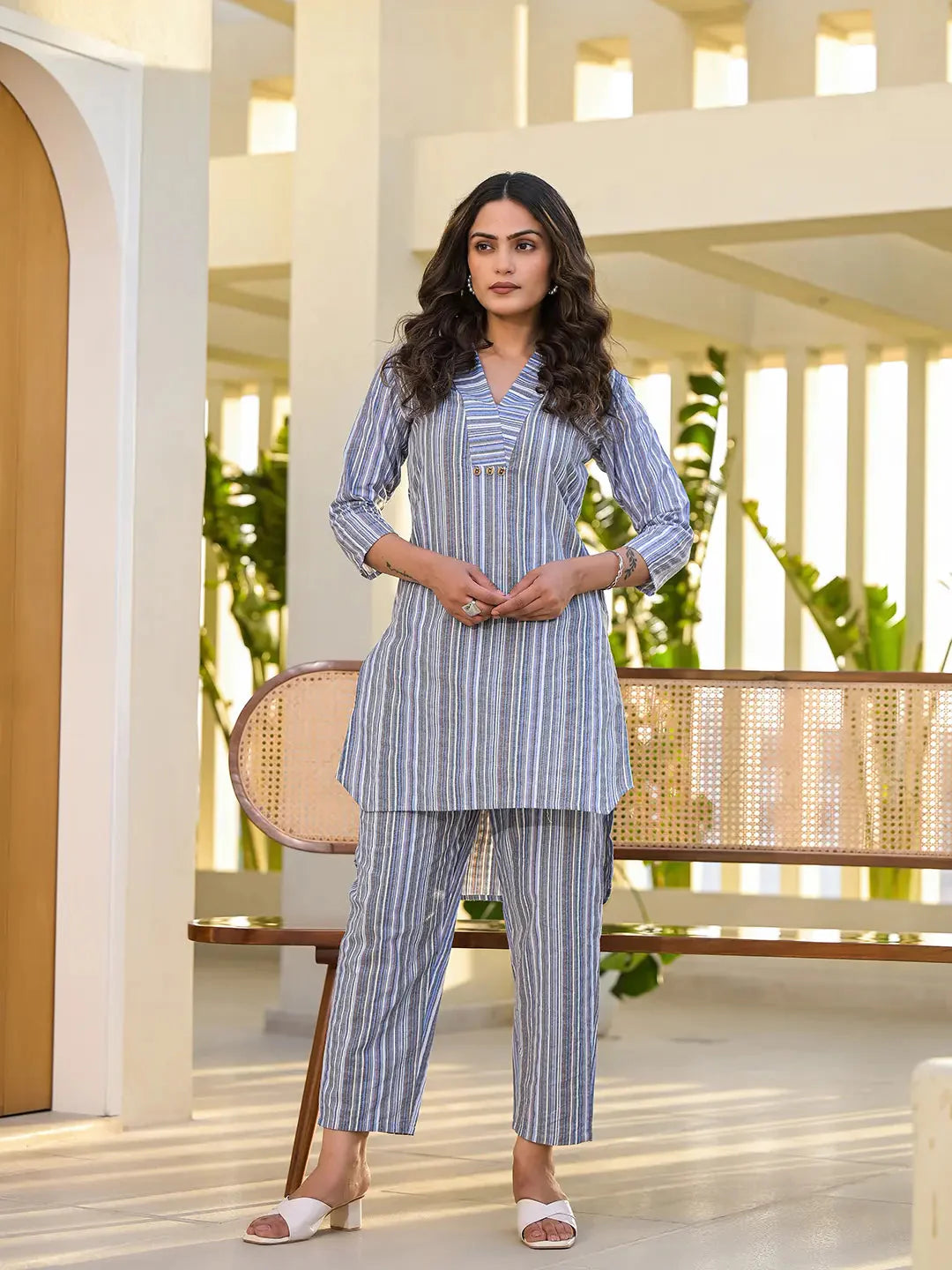 Women's Blue Cotton Blue Cotton Striped Print Co Ord Set by Yufta, suitable for wholesale buyers, boutiques, retailers, resellers and bulk fashion orders from Trendphoria