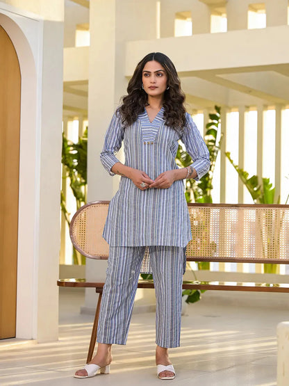 Women's Blue Cotton Blue Cotton Striped Print Co Ord Set by Yufta, suitable for wholesale buyers, boutiques, retailers, resellers and bulk fashion orders from Trendphoria