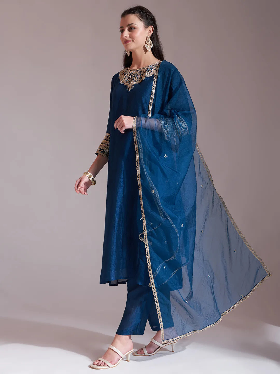 Blue Embroidered Kurta With Pant And Dupatta Comes With Cotton Lining