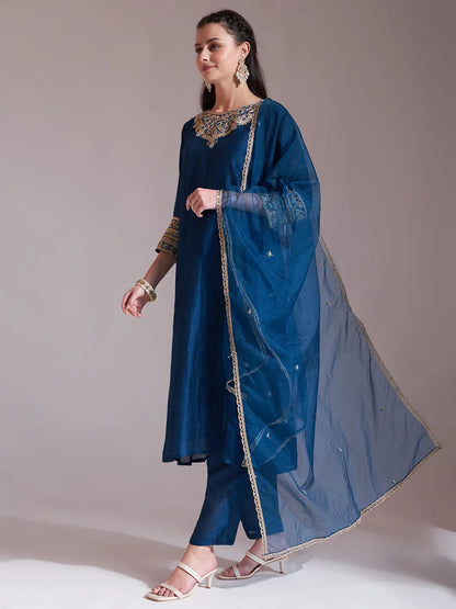 Blue Embroidered Kurta With Pant And Dupatta Comes With Cotton Lining