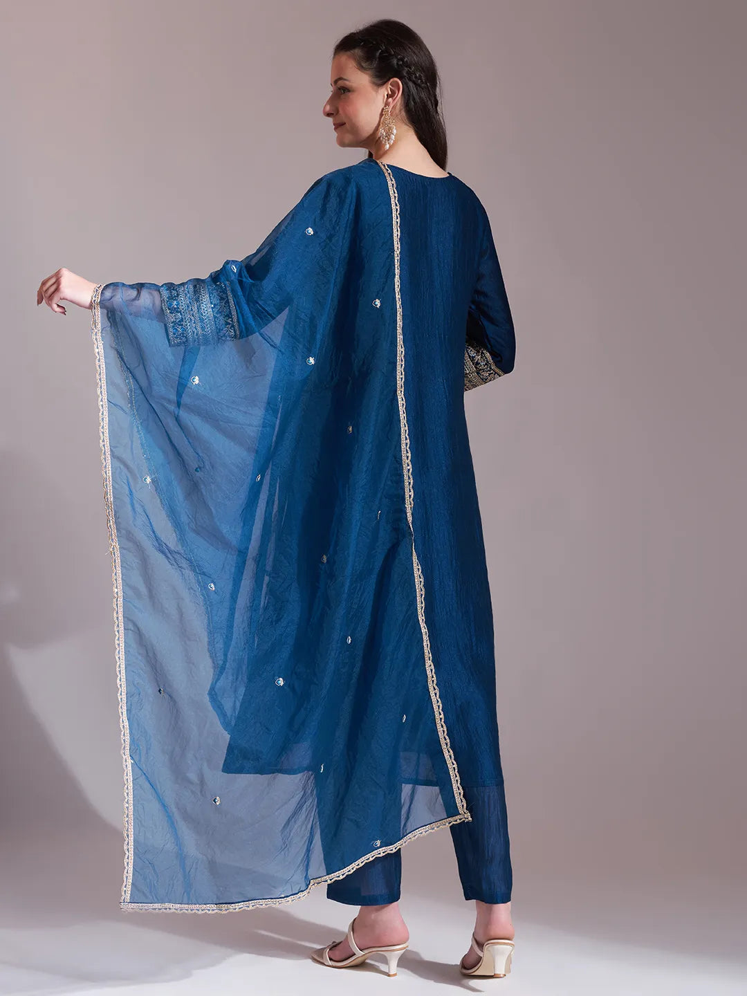 Blue Embroidered Kurta With Pant And Dupatta Comes With Cotton Lining