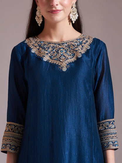 Blue Embroidered Kurta With Pant And Dupatta Comes With Cotton Lining