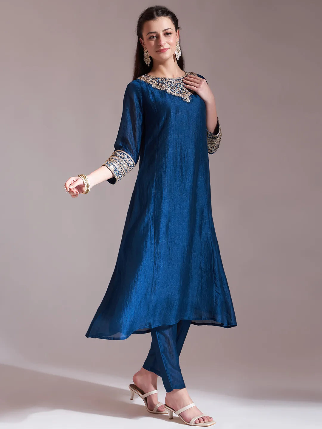 Blue Embroidered Kurta With Pant And Dupatta Comes With Cotton Lining