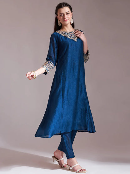 Blue Embroidered Kurta With Pant And Dupatta Comes With Cotton Lining