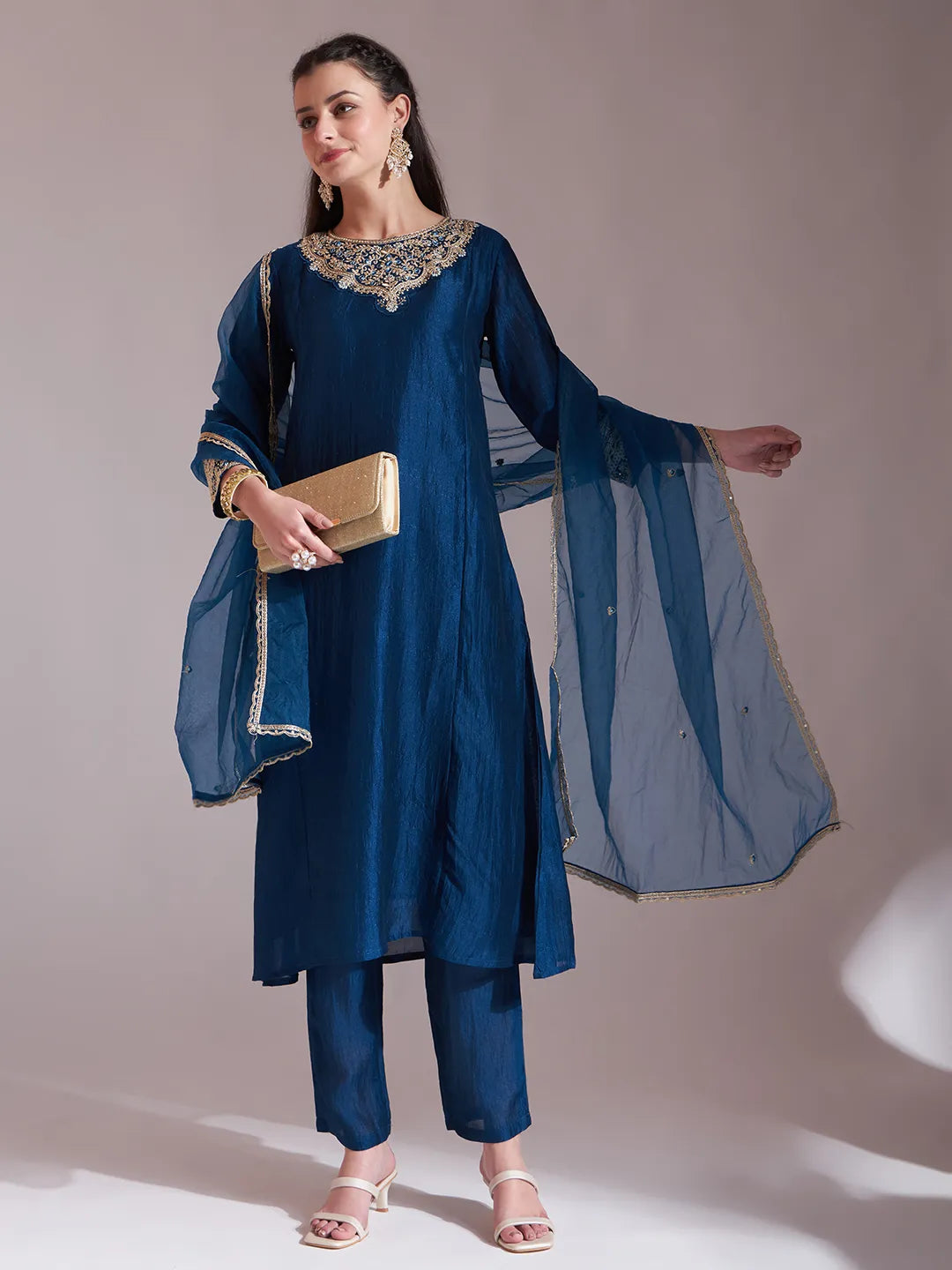 Blue Embroidered Kurta With Pant And Dupatta Comes With Cotton Lining
