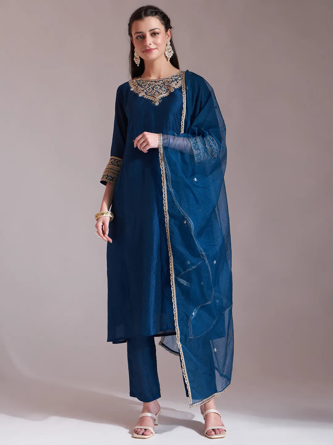 Women's Blue Cotton Blue Embroidered Kurta With Pant And Dupatta Comes With Cotton Lining by Yufta, suitable for wholesale buyers, boutiques, retailers, resellers and bulk fashion orders from Trendphoria
