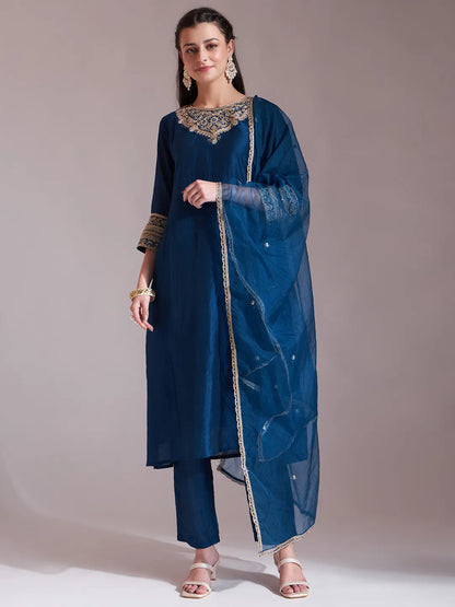 Women's Blue Cotton Blue Embroidered Kurta With Pant And Dupatta Comes With Cotton Lining by Yufta, suitable for wholesale buyers, boutiques, retailers, resellers and bulk fashion orders from Trendphoria
