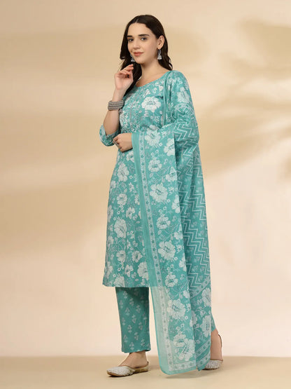 Blue Embroidered Straight Kurta Trouser And Dupatta Set