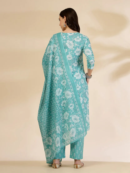 Blue Embroidered Straight Kurta Trouser And Dupatta Set