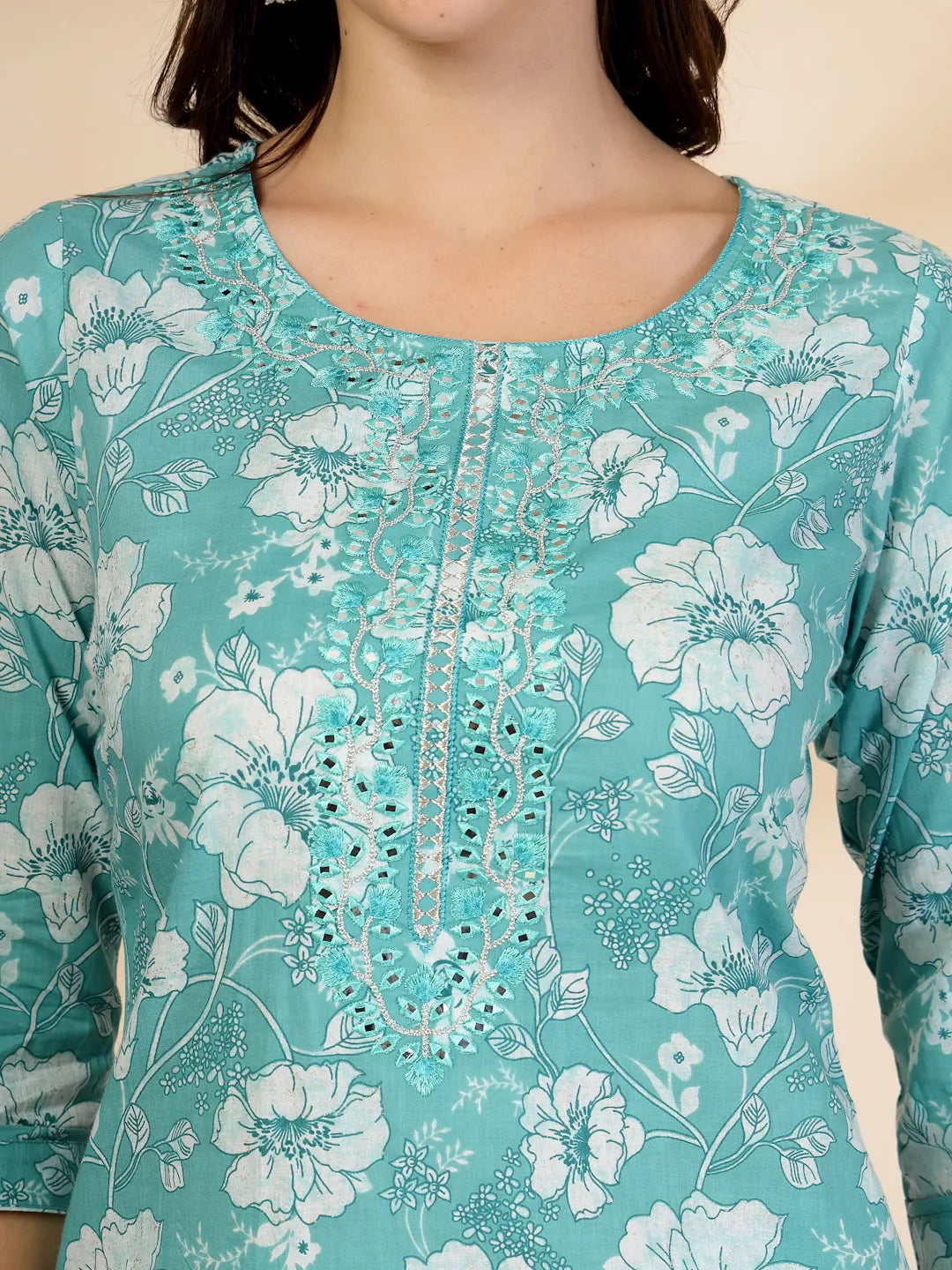 Blue Embroidered Straight Kurta Trouser And Dupatta Set