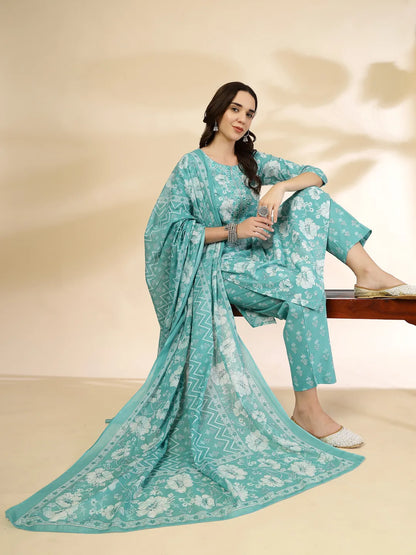 Blue Embroidered Straight Kurta Trouser And Dupatta Set
