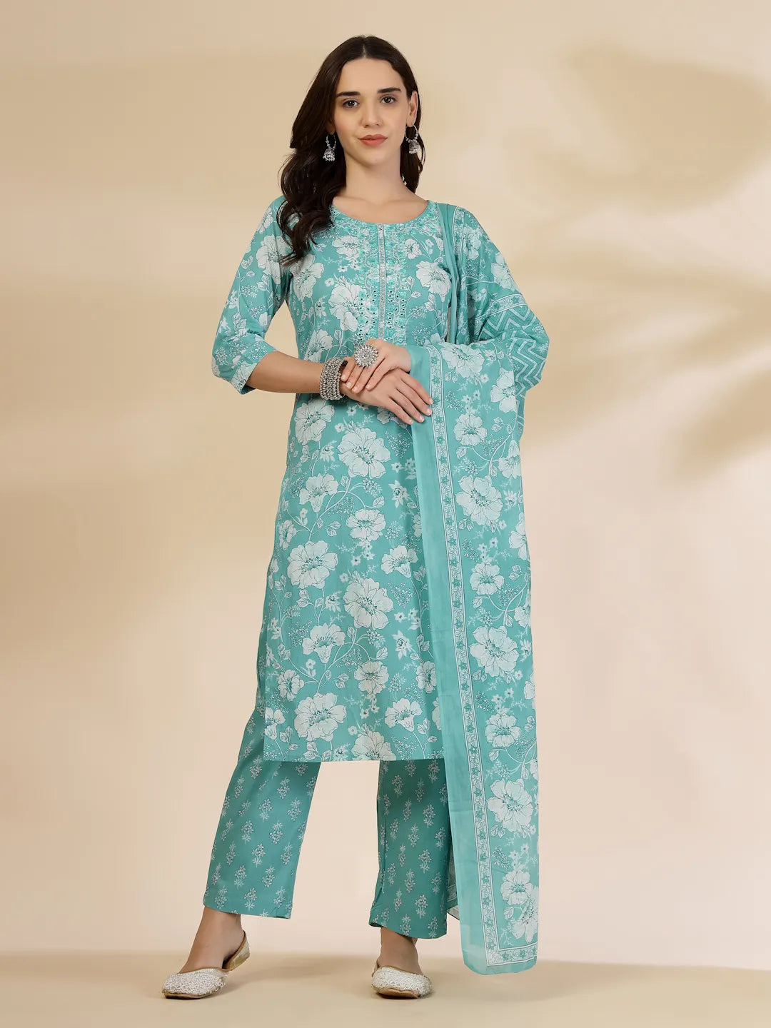 Blue Embroidered Straight Kurta Trouser And Dupatta Set