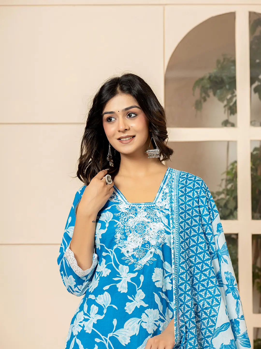 Blue Embroidery Cotton Straight Kurta Dupatta Set