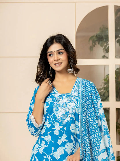 Blue Embroidery Cotton Straight Kurta Dupatta Set