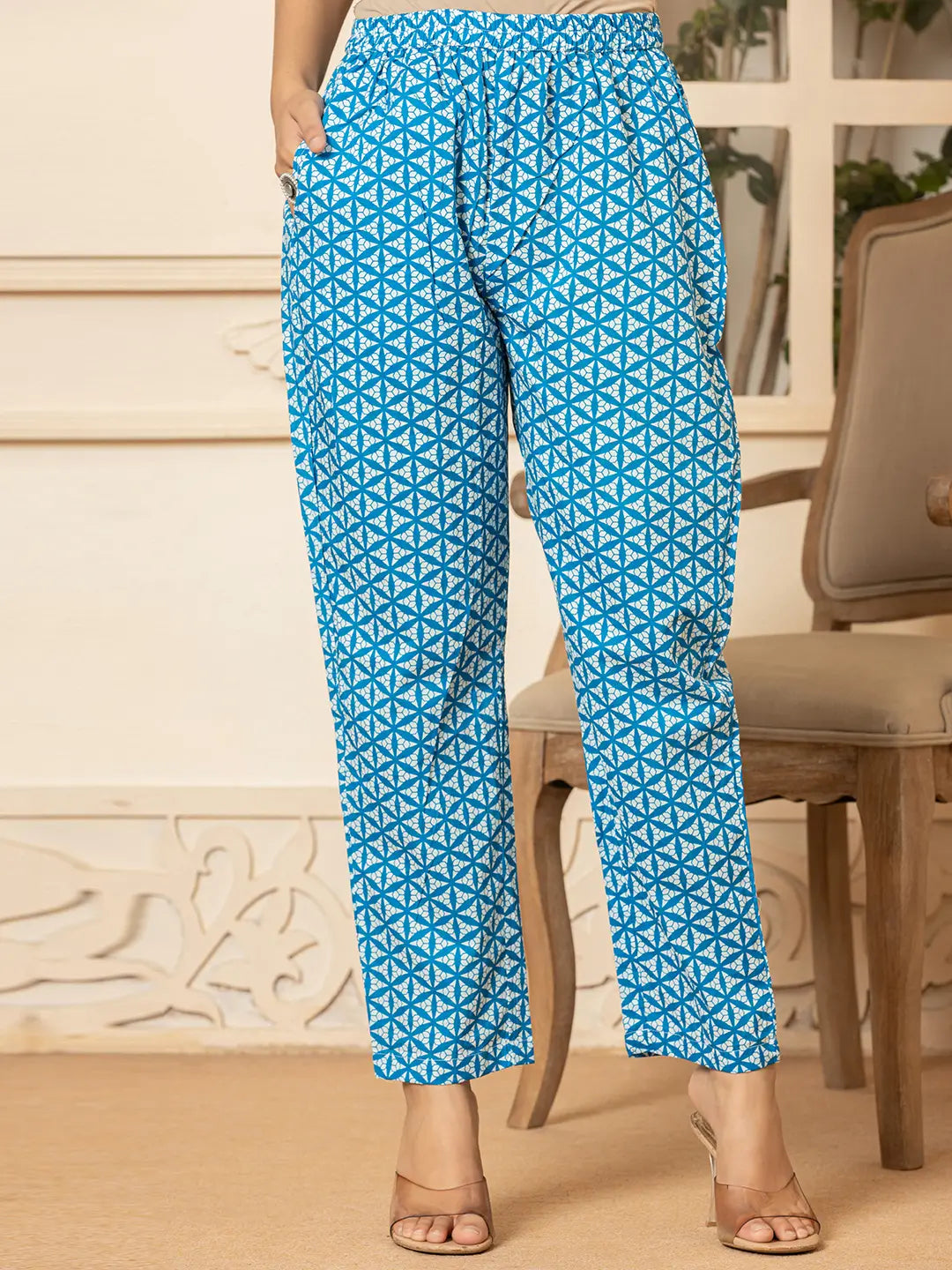 Blue Embroidery Cotton Straight Kurta Dupatta Set