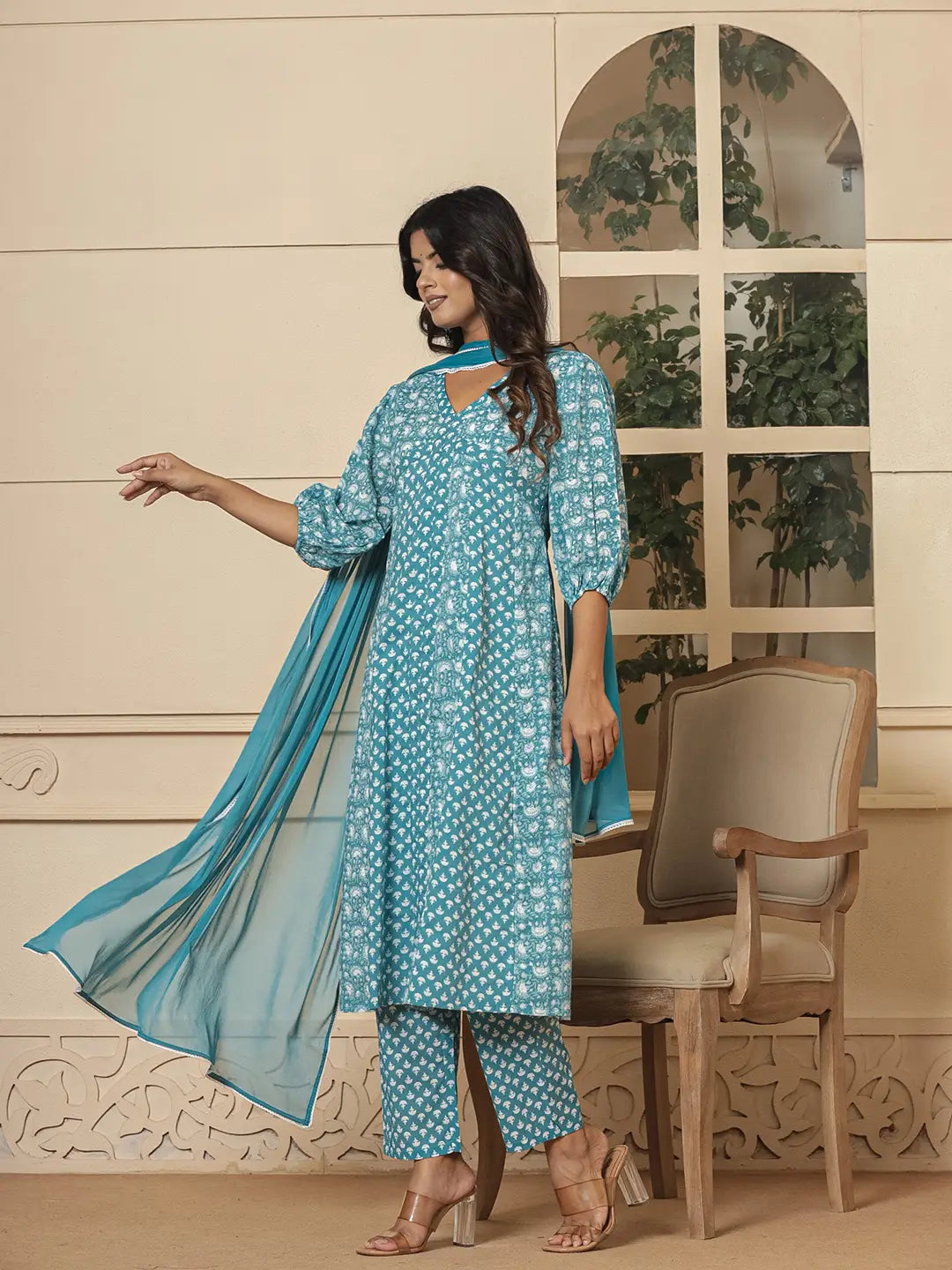 Blue Ethnic Motifs Cotton Anarkali Aliya Cut Kurta Dupatta Set