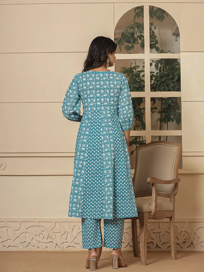 Blue Ethnic Motifs Cotton Anarkali Aliya Cut Kurta Dupatta Set