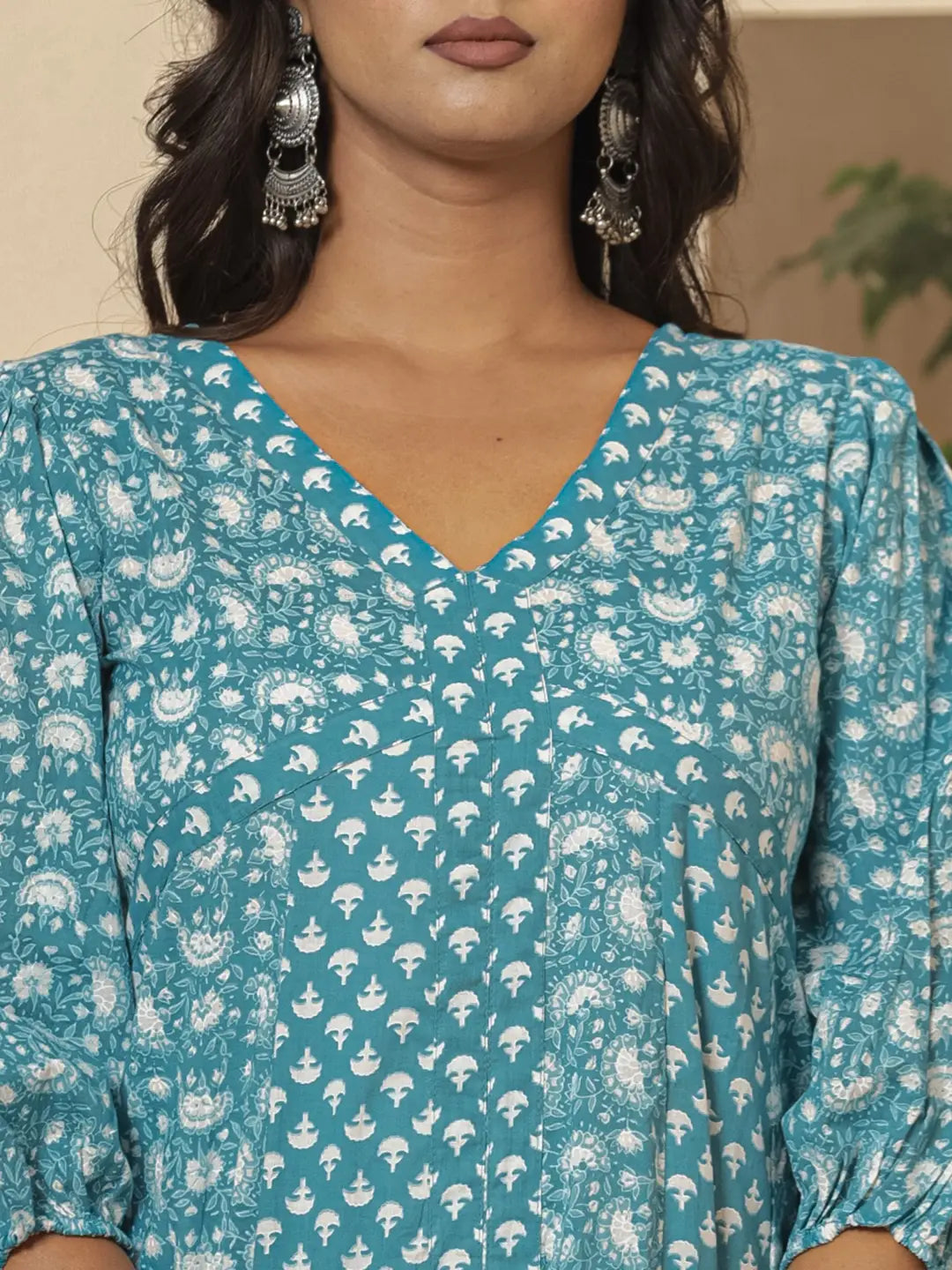 Blue Ethnic Motifs Cotton Anarkali Aliya Cut Kurta Dupatta Set