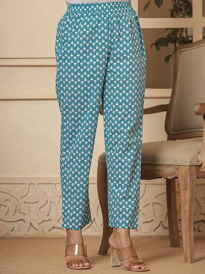 Blue Ethnic Motifs Cotton Anarkali Aliya Cut Kurta Dupatta Set