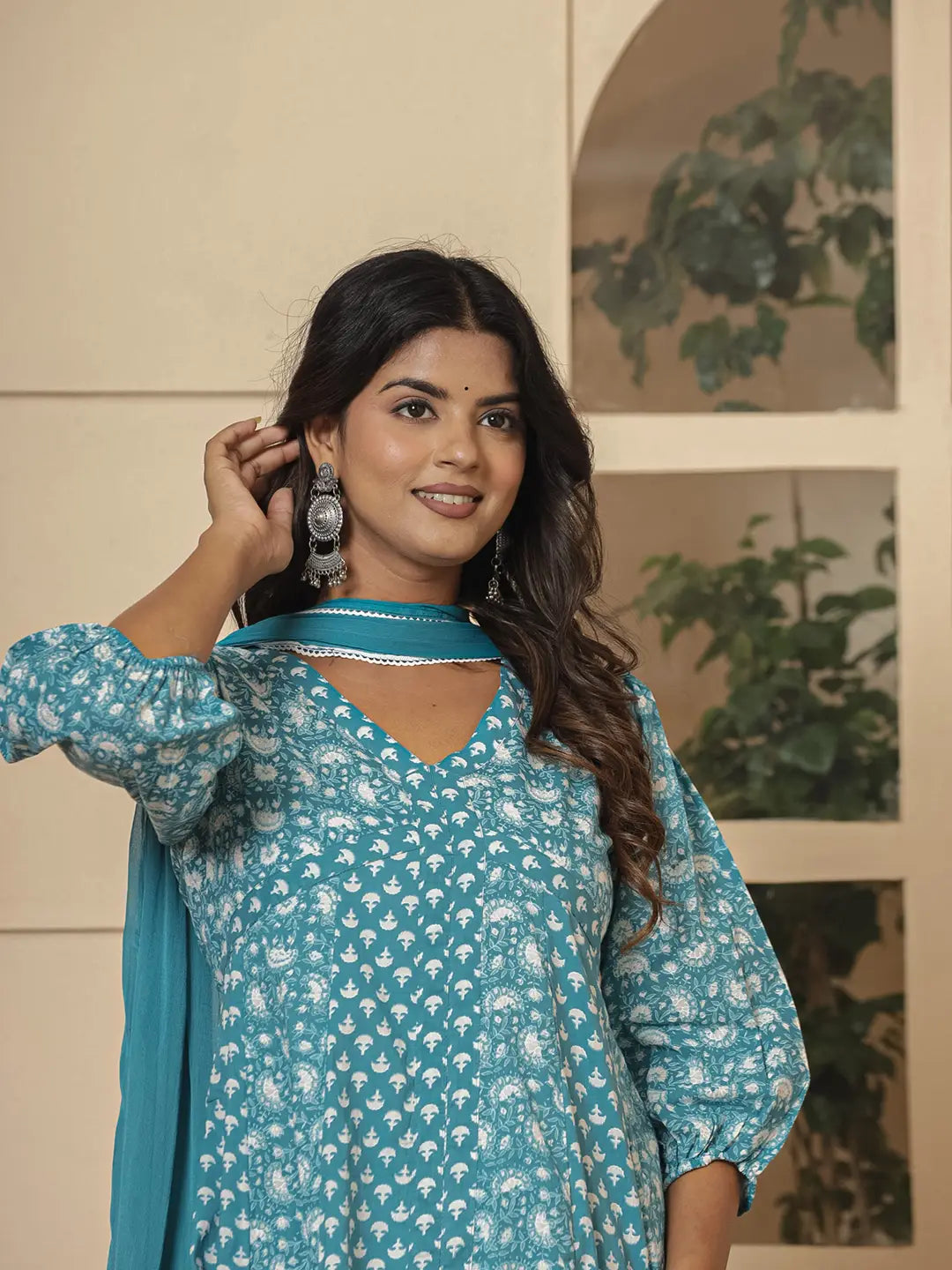 Blue Ethnic Motifs Cotton Anarkali Aliya Cut Kurta Dupatta Set