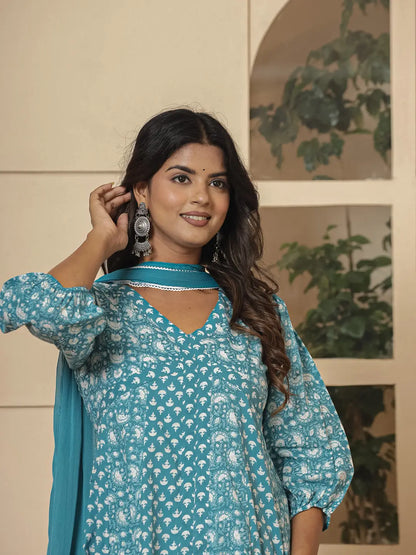 Blue Ethnic Motifs Cotton Anarkali Aliya Cut Kurta Dupatta Set