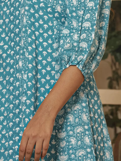 Blue Ethnic Motifs Cotton Anarkali Aliya Cut Kurta Dupatta Set