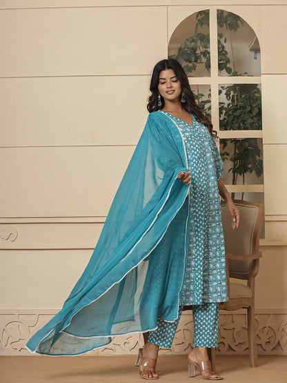 Blue Ethnic Motifs Cotton Anarkali Aliya Cut Kurta Dupatta Set