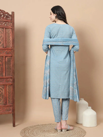 Blue Ethnic Motifs Thread Work Straight Kurta Trouser And Dupatta Set