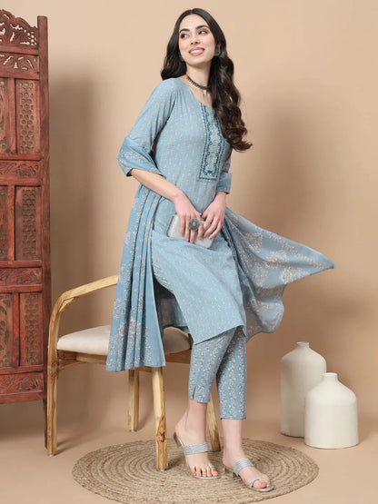 Blue Ethnic Motifs Thread Work Straight Kurta Trouser And Dupatta Set