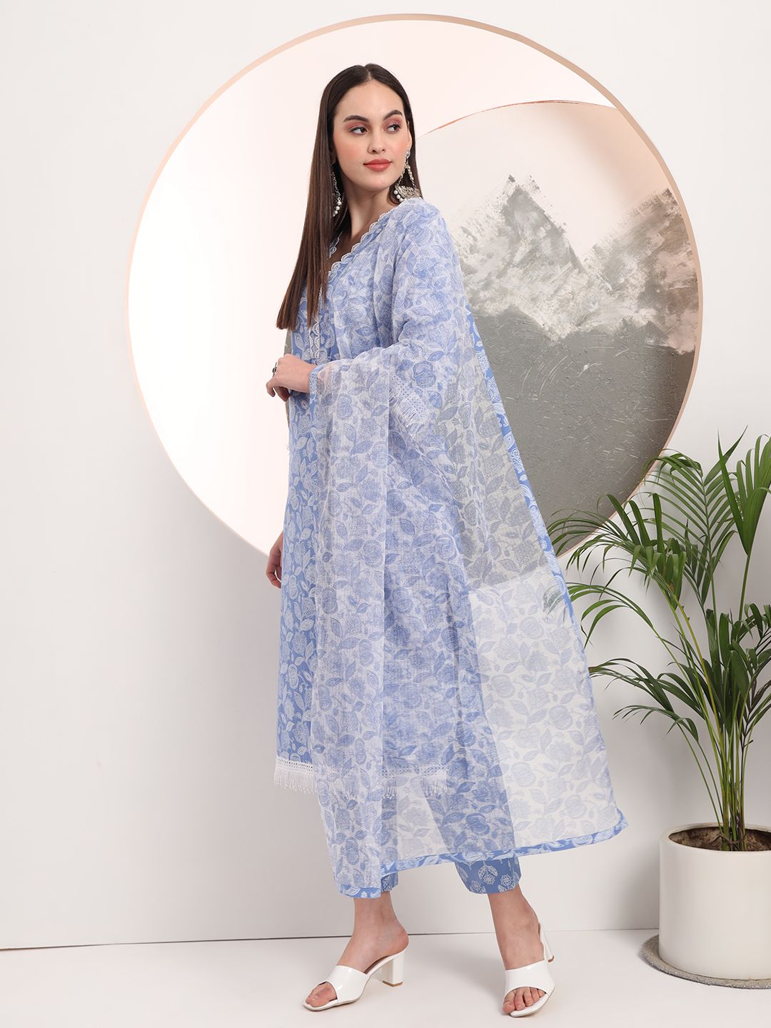 Blue Floral Lace Work Straight Kurta Pant Dupatta Set