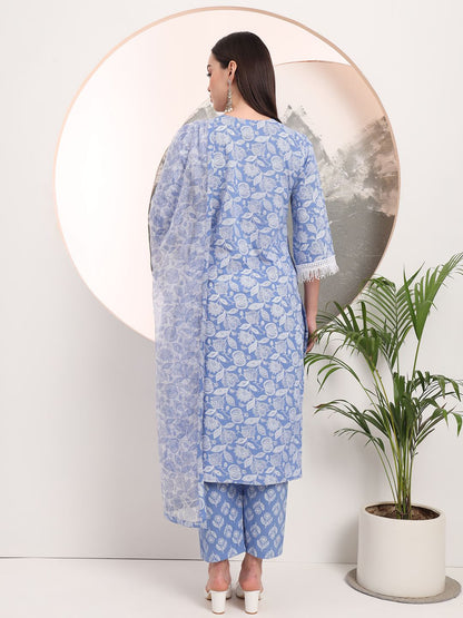 Blue Floral Lace Work Straight Kurta Pant Dupatta Set