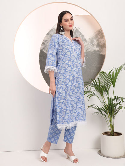 Blue Floral Lace Work Straight Kurta Pant Dupatta Set