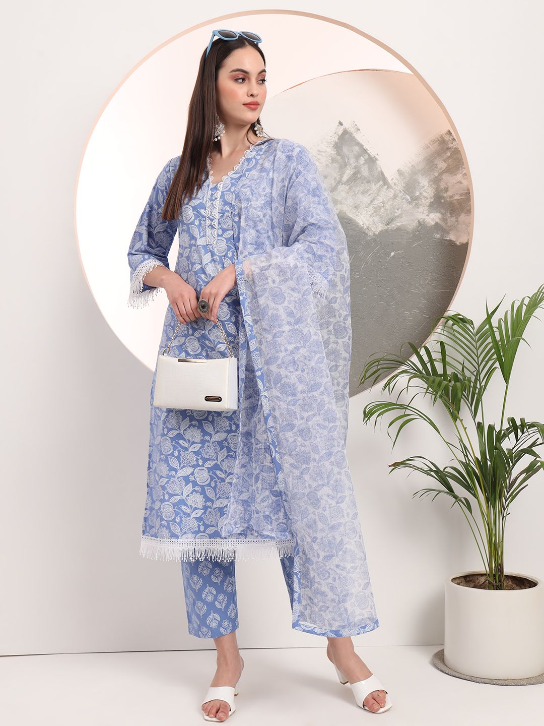 Blue Floral Lace Work Straight Kurta Pant Dupatta Set