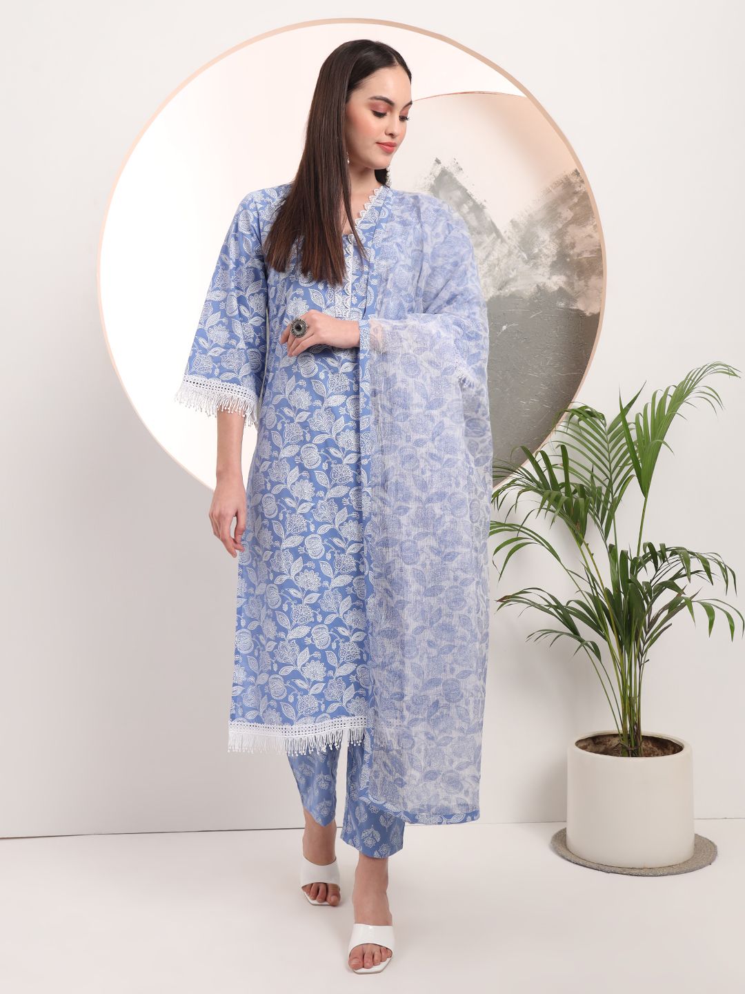 Blue Floral Lace Work Straight Kurta Pant Dupatta Set