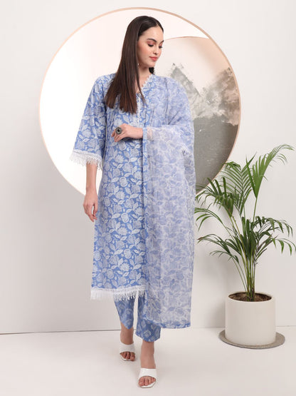 Blue Floral Lace Work Straight Kurta Pant Dupatta Set