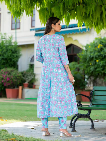 Blue Floral Print Anarkali Kurta Trouser And Dupatta Set