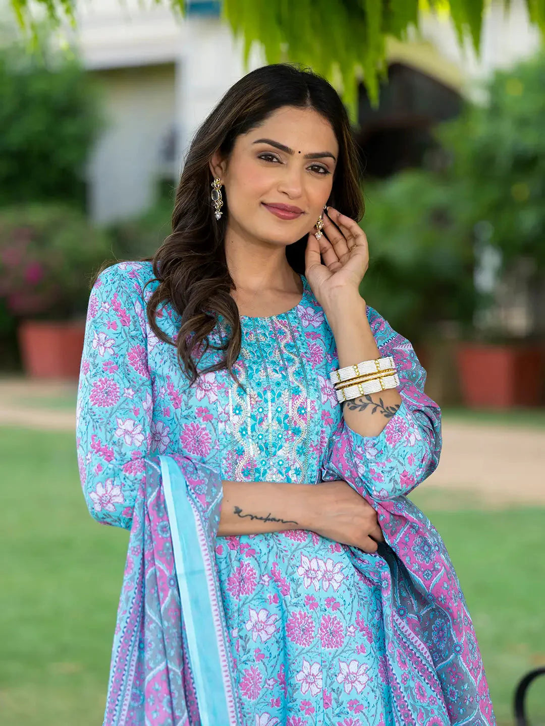 Blue Floral Print Anarkali Kurta Trouser And Dupatta Set