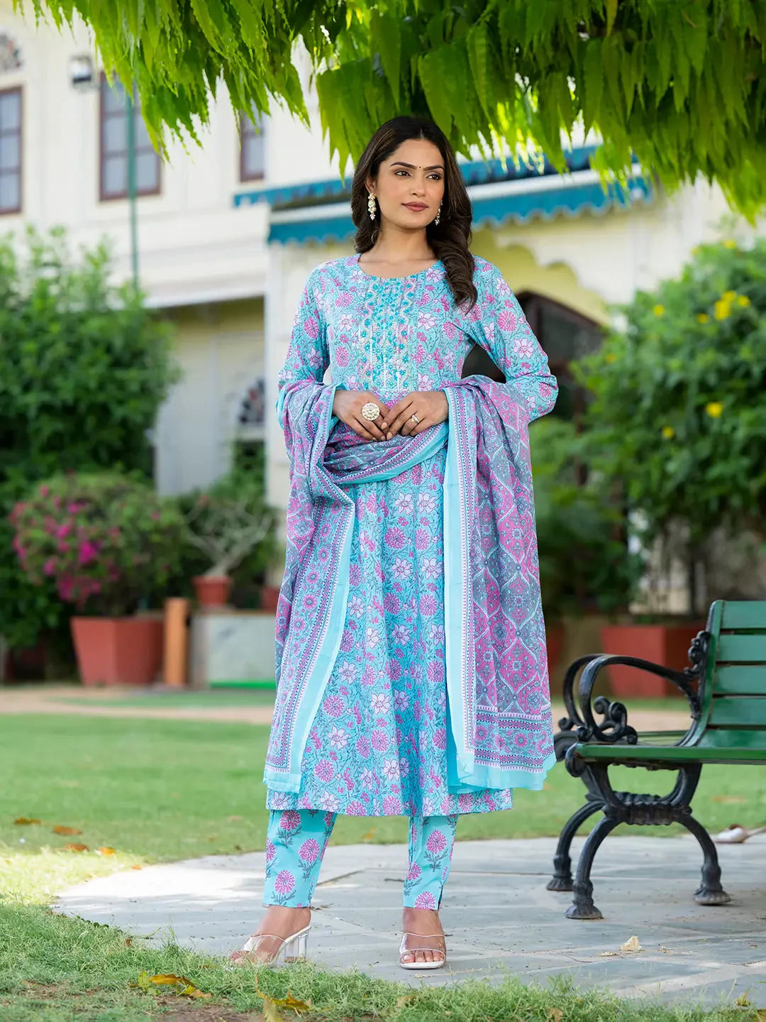Women's Blue Cotton Blue Floral Print Anarkali Kurta Trouser And Dupatta Set by Yufta, suitable for wholesale buyers, boutiques, retailers, resellers and bulk fashion orders from Trendphoria